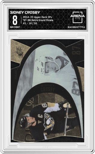 Sidney Crosby from the 2014-15 Upper Deck SPx set featuring a Grand Finale parallel graded by Arena Club and given an overall grade of 8.
