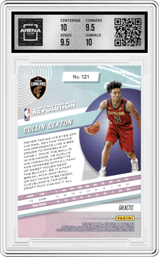 Collin Sexton from the 2018-19 Panini Revolution  set featuring a Galactic parallel graded by Arena Club and given an overall grade of 10.