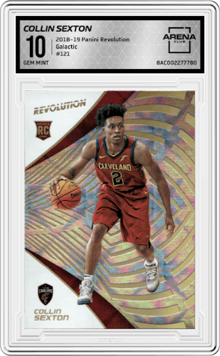 Collin Sexton from the 2018-19 Panini Revolution  set featuring a Galactic parallel graded by Arena Club and given an overall grade of 10.
