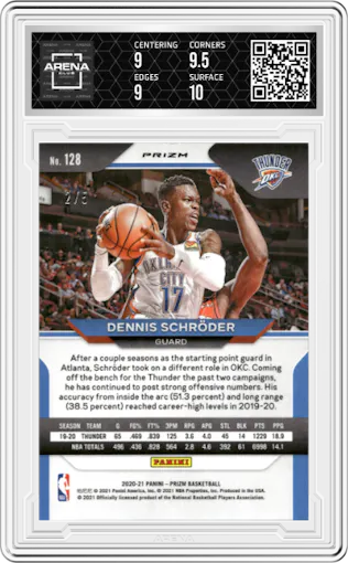 Dennis Schroder from the 2020-21 Panini Prizm set featuring a Green Shimmer parallel graded by Arena Club and given an overall grade of 9.5.