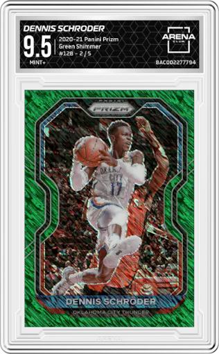 Dennis Schroder from the 2020-21 Panini Prizm set featuring a Green Shimmer parallel graded by Arena Club and given an overall grade of 9.5.