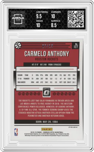 Carmelo Anthony from the 2018-19 Panini Donruss Optic set featuring a Purple Stars parallel graded by Arena Club and given an overall grade of 9.