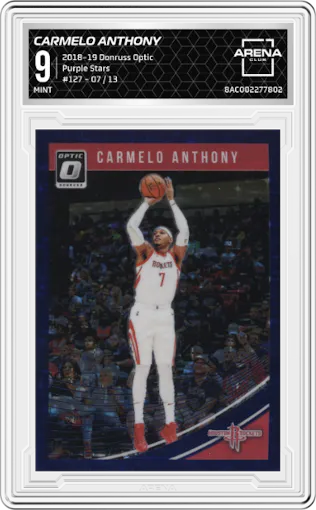Carmelo Anthony from the 2018-19 Panini Donruss Optic set featuring a Purple Stars parallel graded by Arena Club and given an overall grade of 9.