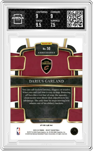 Darius Garland from the 2023-24 Panini Select  set featuring a Tiger parallel graded by Arena Club and given an overall grade of 8.