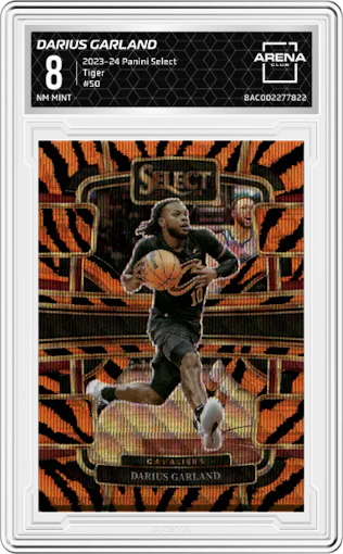 Darius Garland from the 2023-24 Panini Select  set featuring a Tiger parallel graded by Arena Club and given an overall grade of 8.
