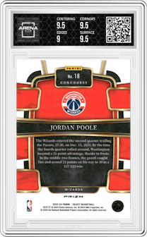 Jordan Poole from the 2023-24 Panini Select  set featuring a Tiger parallel graded by Arena Club and given an overall grade of 9.5.