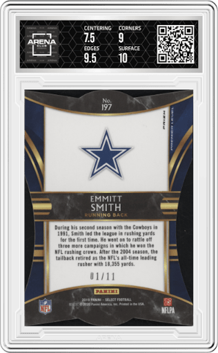 Emmitt Smith from the 2019 Panini Select  set featuring a Die-Cut Orange Pulsar parallel graded by Arena Club and given an overall grade of 8.