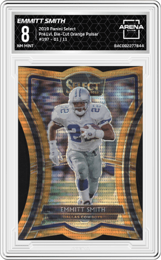 Emmitt Smith from the 2019 Panini Select  set featuring a Die-Cut Orange Pulsar parallel graded by Arena Club and given an overall grade of 8.