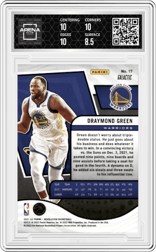 Draymond Green from the 2021-22 Panini Revolution  set featuring a Galactic parallel graded by Arena Club and given an overall grade of 9.