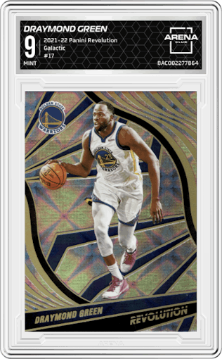 Draymond Green from the 2021-22 Panini Revolution  set featuring a Galactic parallel graded by Arena Club and given an overall grade of 9.