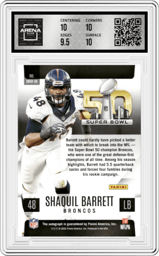 Shaquil Barrett from the 2023 Panini Luminance set graded by Arena Club and given an overall grade of 10.