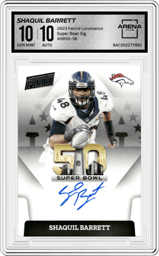 Shaquil Barrett from the 2023 Panini Luminance set graded by Arena Club and given an overall grade of 10.