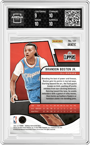 Brandon Boston Jr. from the 2021-22 Panini Revolution  set featuring a Galactic parallel graded by Arena Club and given an overall grade of 9.5.