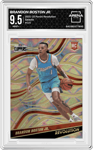 Brandon Boston Jr. from the 2021-22 Panini Revolution  set featuring a Galactic parallel graded by Arena Club and given an overall grade of 9.5.