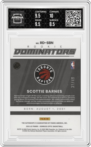 Scottie Barnes from the 2021-22 Panini Donruss Optic set graded by Arena Club and given an overall grade of 9.