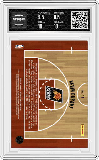 Kevin Durant from the 2023-24 Panini Revolution set graded by Arena Club and given an overall grade of 9.