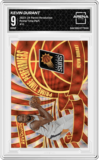 Kevin Durant from the 2023-24 Panini Revolution set graded by Arena Club and given an overall grade of 9.