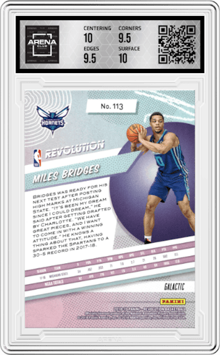 Miles Bridges from the 2018-19 Panini Revolution  set featuring a Galactic parallel graded by Arena Club and given an overall grade of 10.