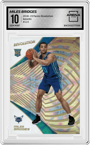 Miles Bridges from the 2018-19 Panini Revolution  set featuring a Galactic parallel graded by Arena Club and given an overall grade of 10.