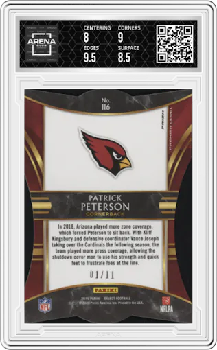 Patrick Peterson from the 2019 Panini Select  set featuring a Die-Cut Orange Pulsar parallel graded by Arena Club and given an overall grade of 8.5.