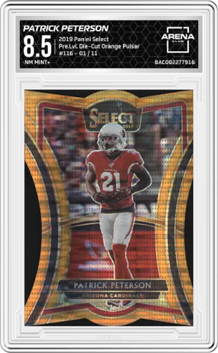 Patrick Peterson from the 2019 Panini Select  set featuring a Die-Cut Orange Pulsar parallel graded by Arena Club and given an overall grade of 8.5.