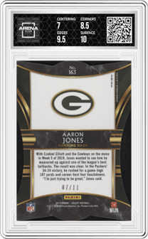 Aaron Jones from the 2019 Panini Select  set featuring a Die-Cut Orange Pulsar parallel graded by Arena Club and given an overall grade of 7.5.