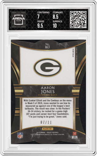 Aaron Jones from the 2019 Panini Select  set featuring a Die-Cut Orange Pulsar parallel graded by Arena Club and given an overall grade of 7.5.