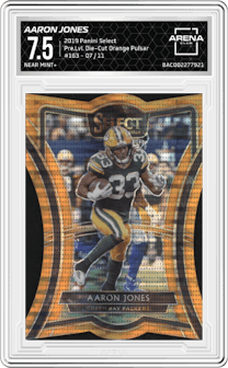 Aaron Jones from the 2019 Panini Select  set featuring a Die-Cut Orange Pulsar parallel graded by Arena Club and given an overall grade of 7.5.