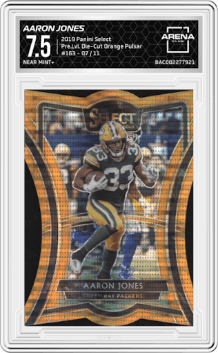 Aaron Jones from the 2019 Panini Select  set featuring a Die-Cut Orange Pulsar parallel graded by Arena Club and given an overall grade of 7.5.