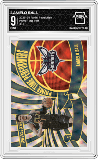 LaMelo Ball from the 2023-24 Panini Revolution set graded by Arena Club and given an overall grade of 9.