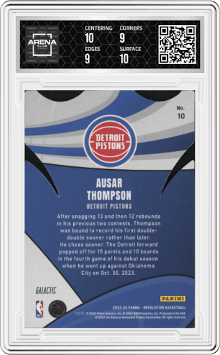 Ausar Thompson from the 2023-24 Panini Revolution set featuring a Galactic parallel graded by Arena Club and given an overall grade of 9.5.