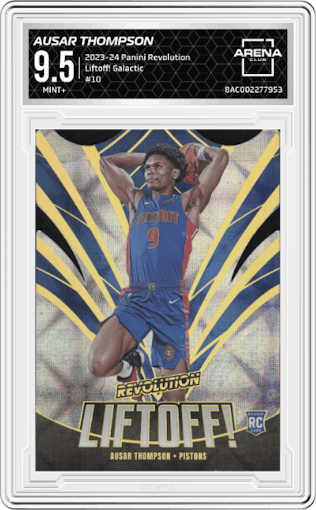 Ausar Thompson from the 2023-24 Panini Revolution set featuring a Galactic parallel graded by Arena Club and given an overall grade of 9.5.