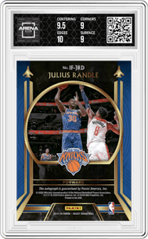 Julius Randle from the 2019-20 Panini Select set featuring a Neon Orange Pulsar FOTL parallel graded by Arena Club and given an overall grade of 9.5.