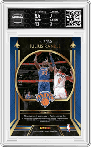Julius Randle from the 2019-20 Panini Select set featuring a Neon Orange Pulsar FOTL parallel graded by Arena Club and given an overall grade of 9.5.
