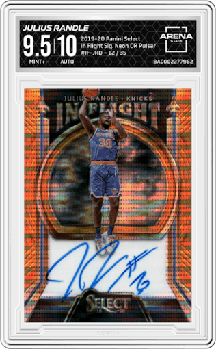 Julius Randle from the 2019-20 Panini Select set featuring a Neon Orange Pulsar FOTL parallel graded by Arena Club and given an overall grade of 9.5.