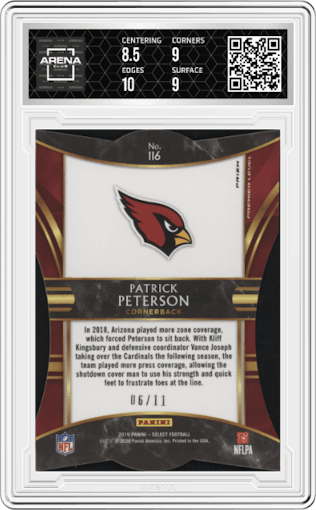 Patrick Peterson from the 2019 Panini Select  set featuring a Die-Cut Orange Pulsar parallel graded by Arena Club and given an overall grade of 9.