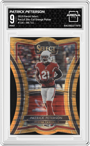 Patrick Peterson from the 2019 Panini Select  set featuring a Die-Cut Orange Pulsar parallel graded by Arena Club and given an overall grade of 9.