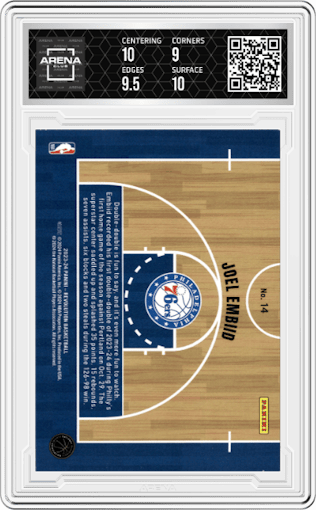 Joel Embiid from the 2023-24 Panini Revolution set graded by Arena Club and given an overall grade of 9.5.