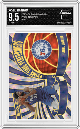 Joel Embiid from the 2023-24 Panini Revolution set graded by Arena Club and given an overall grade of 9.5.