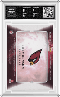 Trey Benson from the 2024 Panini Origins set featuring a Red Patch parallel graded by Arena Club and given an overall grade of 7.5.