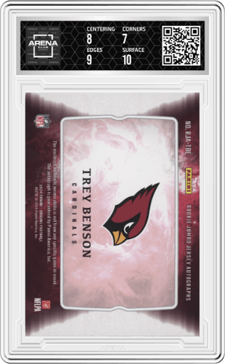 Trey Benson from the 2024 Panini Origins set featuring a Red Patch parallel graded by Arena Club and given an overall grade of 7.5.