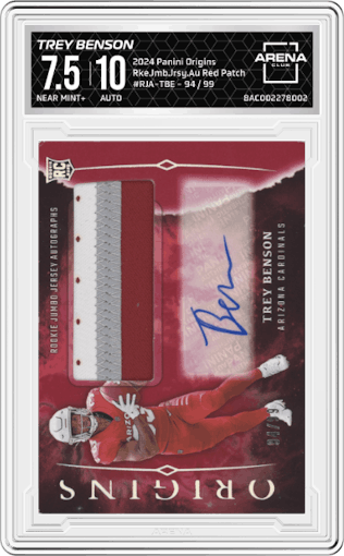 Trey Benson from the 2024 Panini Origins set featuring a Red Patch parallel graded by Arena Club and given an overall grade of 7.5.