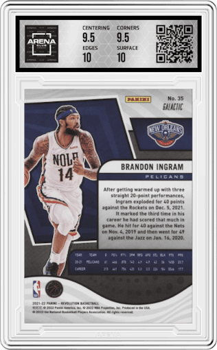 Brandon Ingram from the 2021-22 Panini Revolution  set featuring a Galactic parallel graded by Arena Club and given an overall grade of 10.