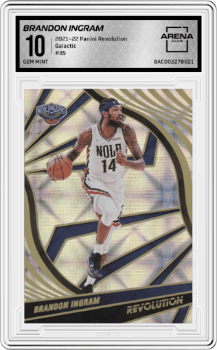 Brandon Ingram from the 2021-22 Panini Revolution  set featuring a Galactic parallel graded by Arena Club and given an overall grade of 10.
