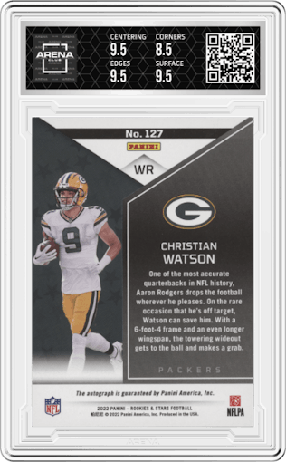 Christian Watson from the 2022 Panini Rookies & Stars set graded by Arena Club and given an overall grade of 9.