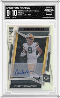 Christian Watson from the 2022 Panini Rookies & Stars set graded by Arena Club and given an overall grade of 9.