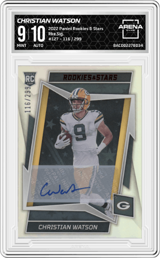 Christian Watson from the 2022 Panini Rookies & Stars set graded by Arena Club and given an overall grade of 9.