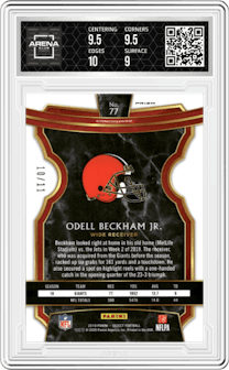 Odell Beckham Jr. from the 2019 Panini Select  set featuring a Orange Pulsar parallel graded by Arena Club and given an overall grade of 9.5.