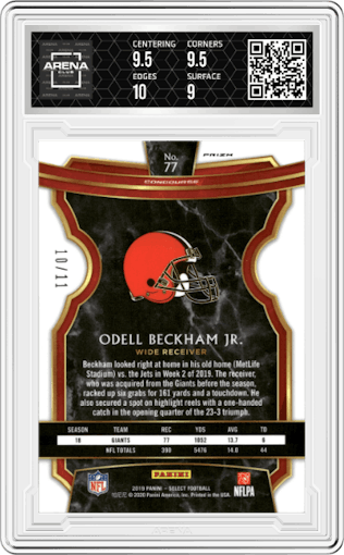 Odell Beckham Jr. from the 2019 Panini Select  set featuring a Orange Pulsar parallel graded by Arena Club and given an overall grade of 9.5.
