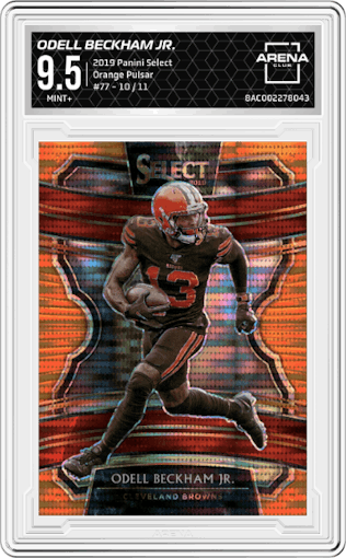 Odell Beckham Jr. from the 2019 Panini Select  set featuring a Orange Pulsar parallel graded by Arena Club and given an overall grade of 9.5.